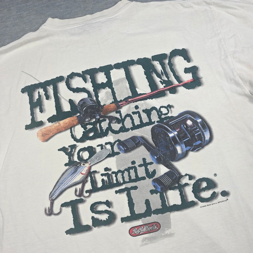 Vintage 1996 Big Ball Sports Fishing Is Life T-Shirt XL Cream Made in USA 90s